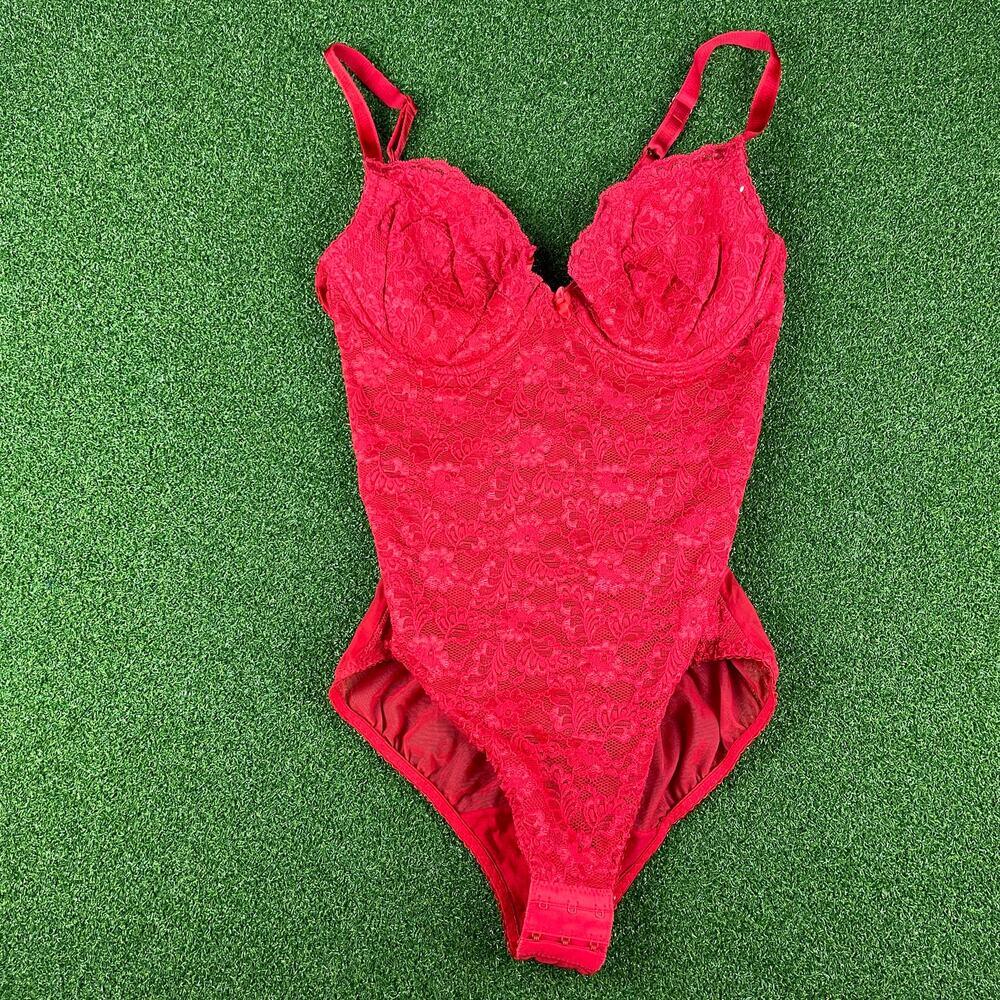Vintage 90s Subtract Bright Red Lace Bustier Body Suit Sz 38C